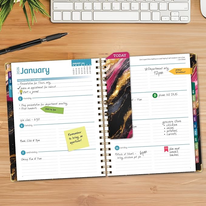 HARDCOVER 2026 Planner, 8.5"x11": 14 Months (November 2025 - December 2026), Daily Weekly Monthly Planner, Yearly Agenda, Bookmark, Pocket Folder and Sticky Note Set (Dark Gold Marble)