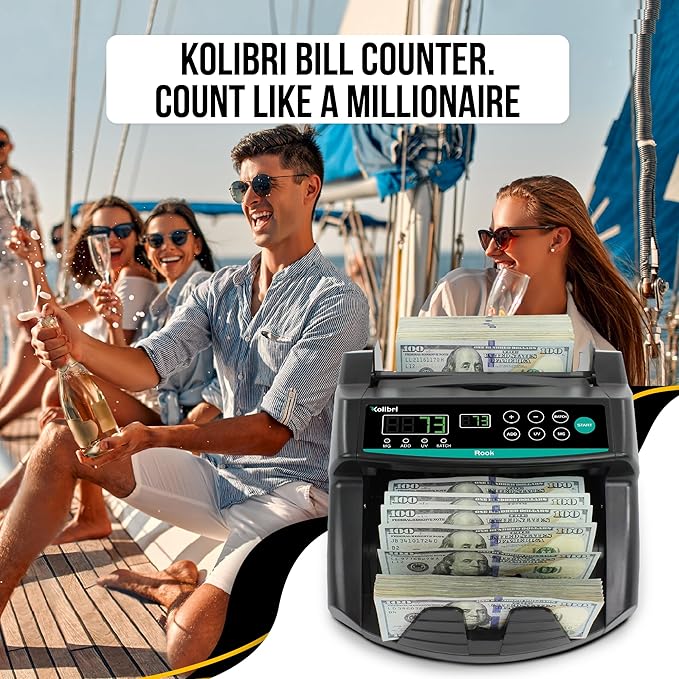 KOLIBRI Rook Money Counter with UV/MG/IR Counterfeit Detection – Count, Add & Batch Modes, 1,400 Notes per Minute Fast Bill Counter - US Dollar Cash Counter with Dual LED Display (1-Year USA Warranty)