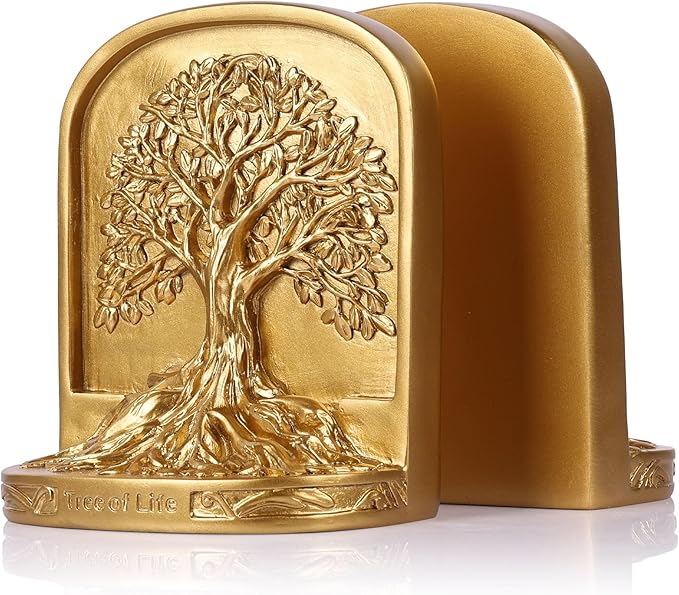 Gold Tree of Life Bookends Set, 2 Decorative Bookends for Shelves or Bookcase, Non-Skid Heavy Bookends for Desktop Shelf Decor, Library Office Decor, Home Décor Gift (Gold)