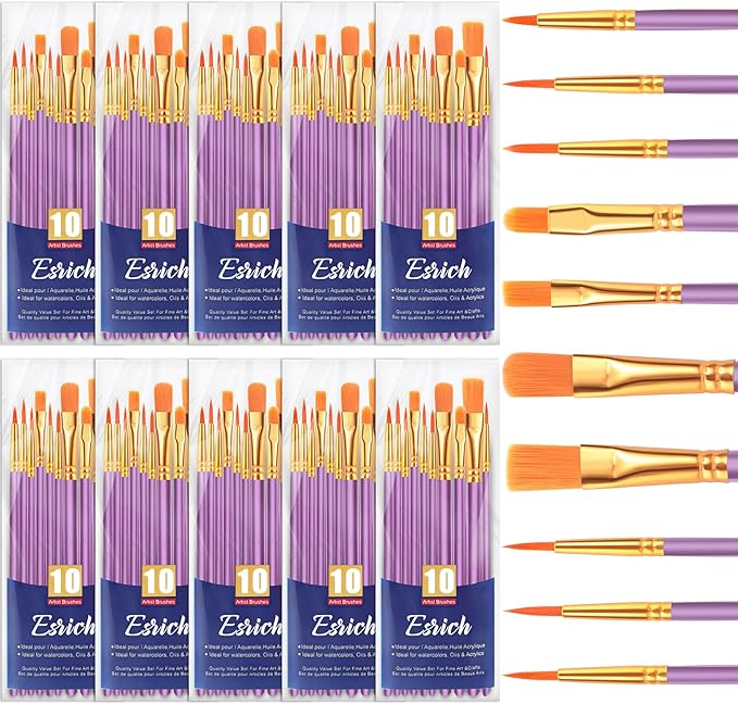 ESRICH Acrylic Paint Brushes Set, 10 Packs/ 100 Pcs Watercolor Brushes,Nylon Brush Head, for Oil Painting, Gouache, Face,Ceramics etc, Kid's and Adults Painting Arts and Crafts Paint Sets.