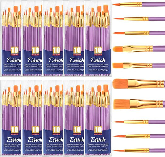 ESRICH Acrylic Paint Brushes Set, 10 Packs/ 100 Pcs Watercolor Brushes,Nylon Brush Head, for Oil Painting, Gouache, Face,Ceramics etc, Kid's and Adults Painting Arts and Crafts Paint Sets.
