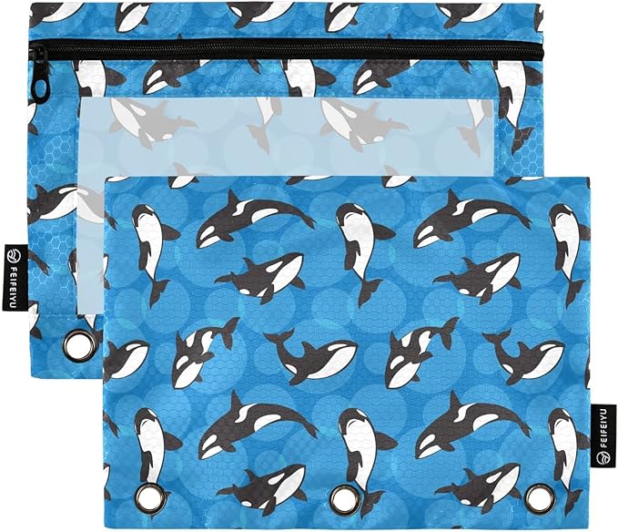 ALAZA Pencil Pouch for 3 Ring Binder, Orca Killer Whale on Blue Background Binder Pencil Pouches with Clear Window Zipper Pencil Case Cosmetic Bags for Office College Supplies, 2PCS