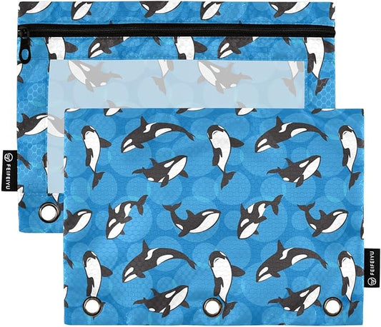 ALAZA Pencil Pouch for 3 Ring Binder, Orca Killer Whale on Blue Background Binder Pencil Pouches with Clear Window Zipper Pencil Case Cosmetic Bags for Office College Supplies, 2PCS