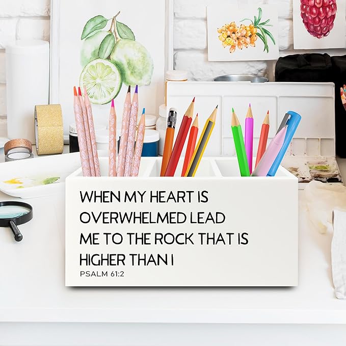 Christian Pen Pencil Holder Organizer for Desk, Christian Gifts for Women Men, Religious Psalm 61:2 Bible Verse Scripture Wooden Box Sign for Home Office Desk Tabletop Decorations