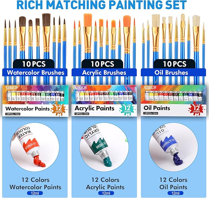 ESRICH 78Pack Acrylic Paint Set, Painting Kits for Adults, Paints Kit With3 Pack of 12 Colors Paint 3 Sets of Wooden Easels, Canvas, Brushes, Palette,Art Paint Supplies Kit for Adults Kids Beginner