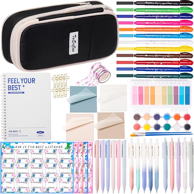 Bible Study Supplies for Women Men - Pencil Pouch Case, 75 Tabs, 12 No Bleed Highlighters, 6 Colored Pens, 10 Black Ink Pens, Washi Tapes & A5 Notebook -Christian Gifts Journaling Kit, Black