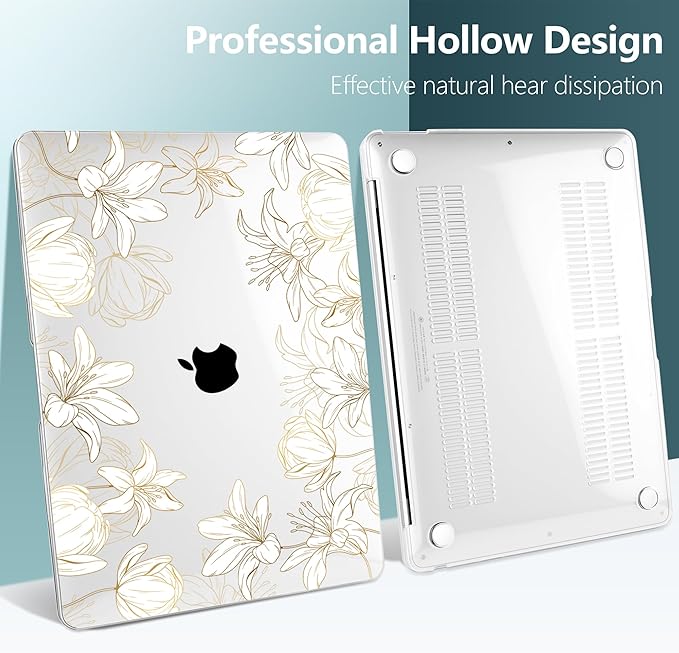 DONGKE Compatible with MacBook Air 13 inch Case 2021 2020 2019 2018 Release A2337 M1 A2179 A1932 with Retina Display Touch ID, Plastic Hard Shell & Keyboard Cover - Golden Florals