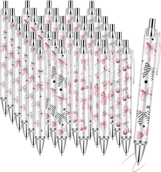 30Pcs Cute Pink Bow Pens Coquette Bow Ballpoint Pens Retractable Ballpoint Pens for Writing Journal Taking Notes School Office Home (Bow, 30)