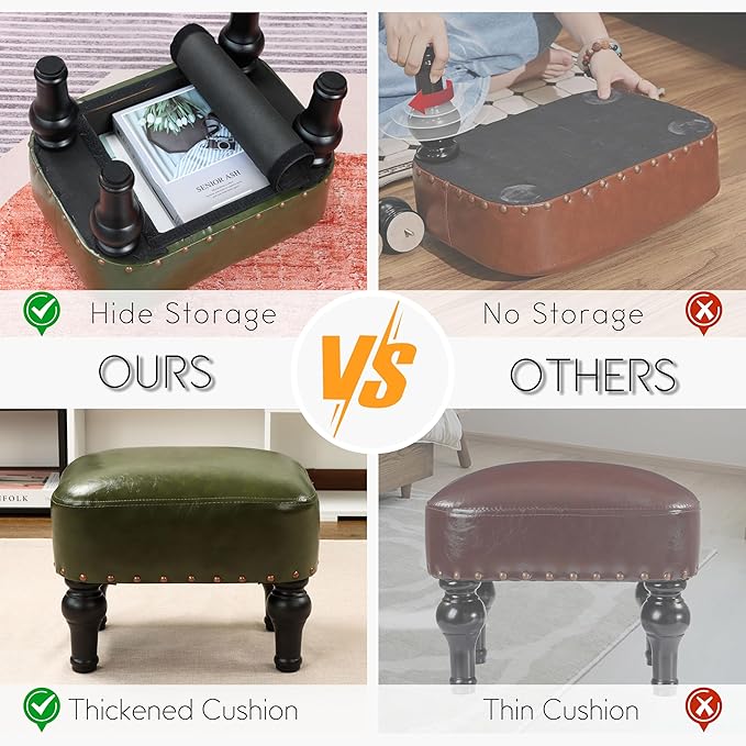 Ottoman Leather Foot Rest with Thicker Foam Padded Seat, Footstool with Wooden Legs (Green)