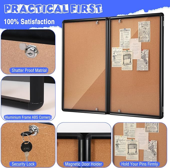 Enclosed Bulletin Board 48" x 36" Weather Resistant Lockable Notice Cork Display Board Wall Mounted 2 Locking Door for School Classroom Commercial Back to School, 12 x A4(Brown, Black Frame)
