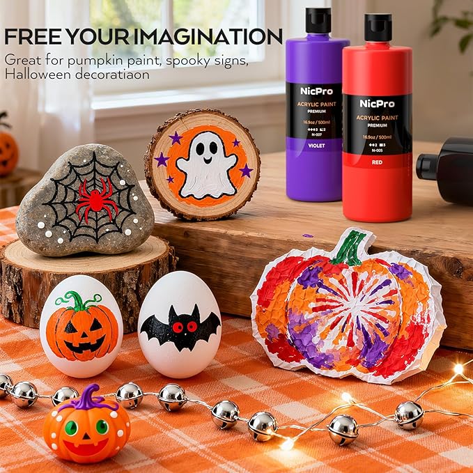 Nicpro 14 Colors Large Bulk Acrylic Paint Set (16.9 oz,500 ml) Rich Art Painting Supplies, Non Toxic for Multi Surface Rock Canvas Wood Ceramic Leather Fabric Craft, for Kids Adult with Color Wheel