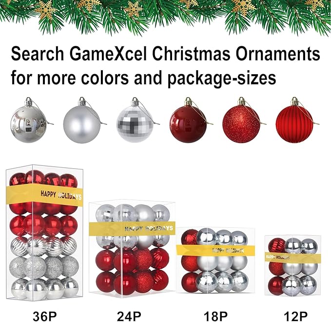Silver & Red 2.5" Christmas Balls Christmas Tree Decoration Ornaments Shatterproof Hanging Balls for Birthday Halloween Holiday Wedding Decorations Set of 18pcs