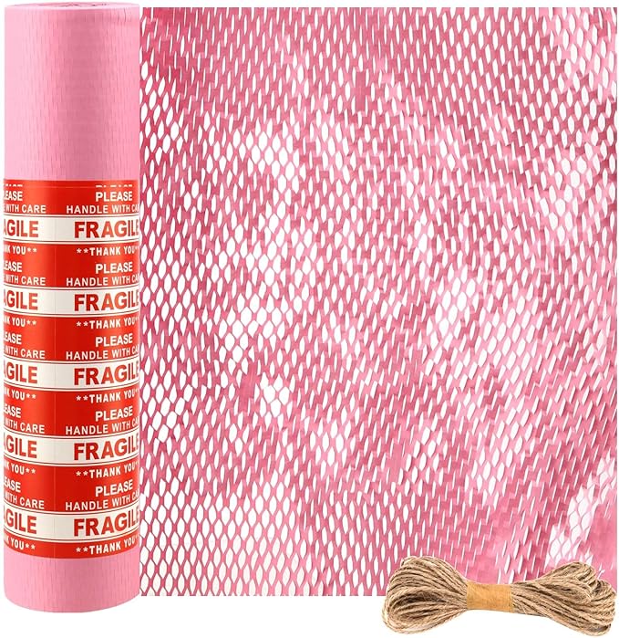 JAPCHET 15 In x 164 Ft Pink Honeycomb Packing Paper, Honeycomb Paper with Sticker Labels and 10 m Rope Honeycomb Wrap Roll for Packaging and Shipping