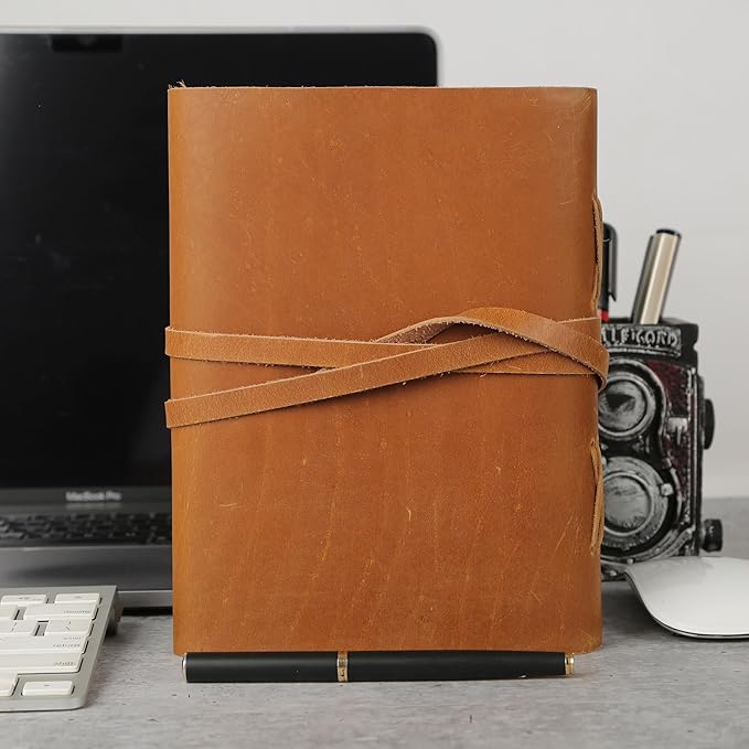 KomalC Tan Handmade Leather Journal | 8x6 Inch Vintage Writing Notebook Unlined Pages | Rustic Non-Refillable Sketchbook for Travel, Art, Notes, Gifts