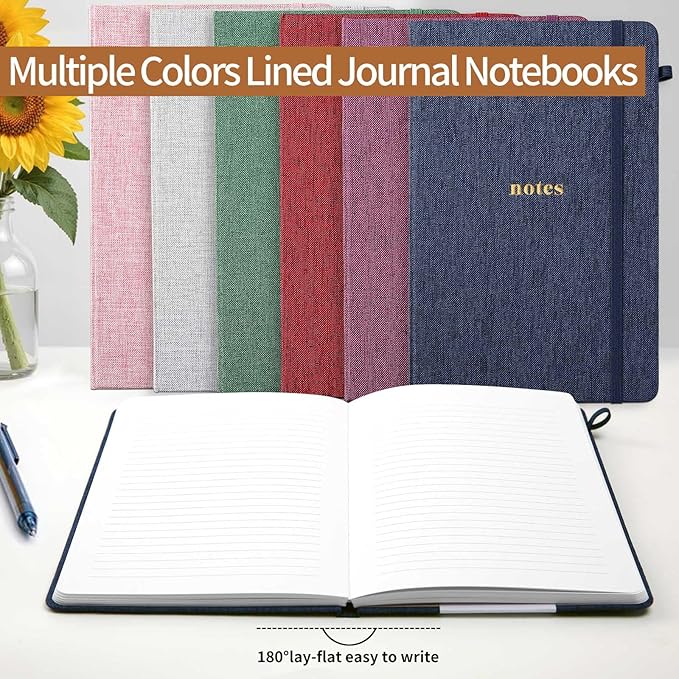 A5 Lined Journal Notebook – Hardcover Fabric Cover 160 Pages 100 GSM Thick Paper With Elastic Band & Pen Holder College Ruled Writing Notebooks for Work School Travel Pink