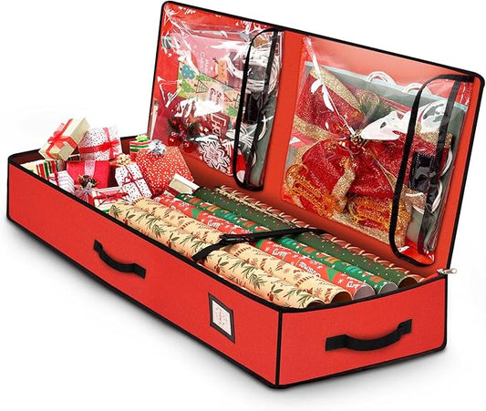 HikooLSS Wrapping Paper Organizer Storage Container 600D Heavy Duty Tear Proof for Holiday Christmas Gift Wrapping Storage with Flexible Partitions Storage Container for Ribbon, Accessories (Red)
