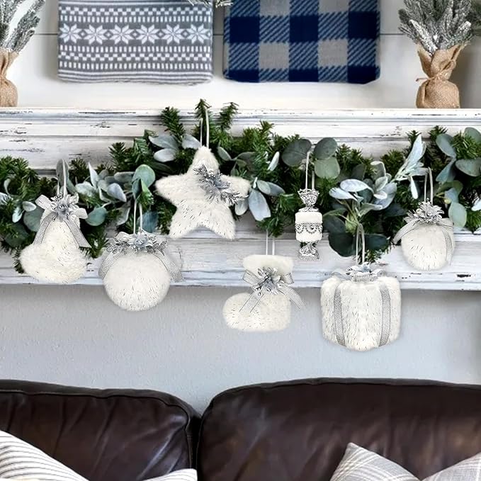 Nature Vibe Set of 18 Faux Fur White Christmas Ornaments in Gift Box,Ornament Balls and Hanging Stars with Silver Accent as Christmas Tree Decorations or Winter Wonderland Decorations