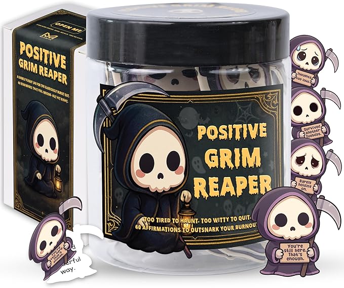 Positive Grim Reaper Jar – Funny Emotional Support Grim Reaper, 60 Dark Humor & Funny Affirmation Notes, Halloween Gifts for Women, Men, Coworkers, Cute Halloween Basket Gift Idea, Fall Gifts Basket