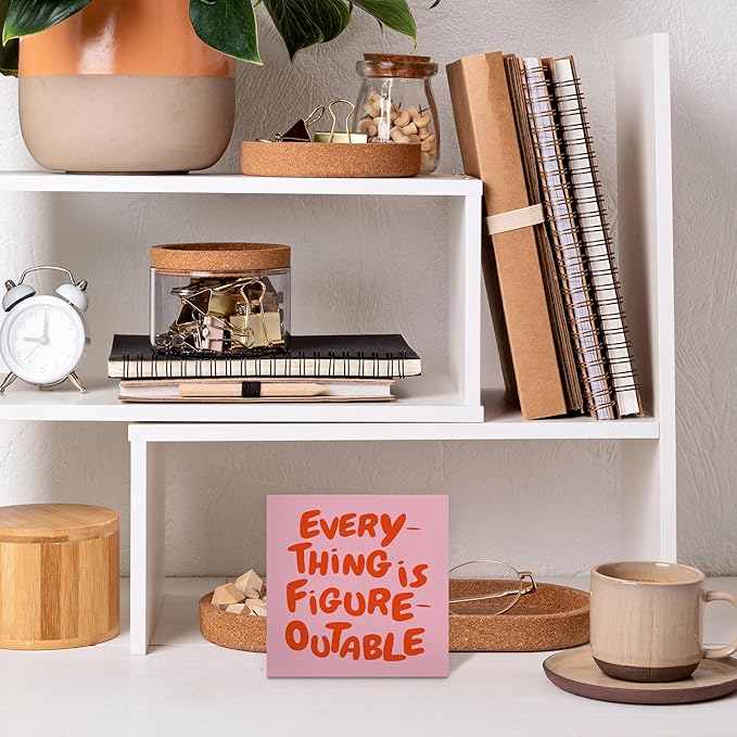 Inspirational Pink Orange Office Decor, Every Thing is Figure Outable Motivational Office Accessories Wooden Box Sign, Inspirational Gifts for Women, Men Wall Desk Shelf Tabletop Decoration 5x5In