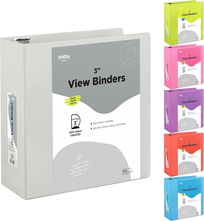 3 Slant D-Ring Binder 3 Inch Grey, 3 in Clear View Cover with 2 Inside Pockets Binder, Heavy Duty Colored School Supplies Binders,Also Available in Green, Red, Purple, Blue, Pink (12 PC) – by Enday