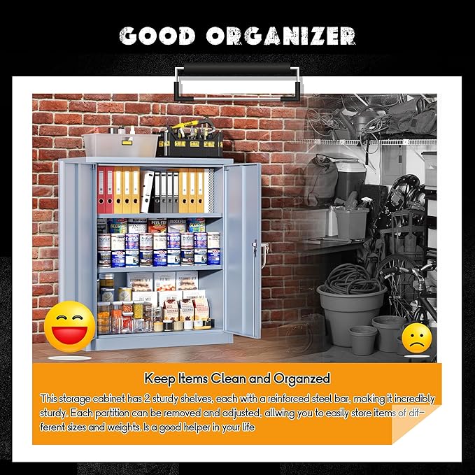 Greenvelly Metal Garage Storage Cabinet, Lockable Metal Cabinets with 2 Doors and Shelves,36”Steel Storage Locking Counter Cabinet for Office,Garage,Kitchen,Home,School(Dark Grey)