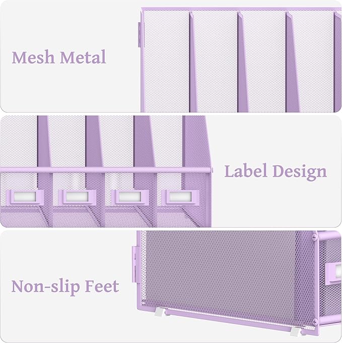 SUPEASY Desk Organizers Metal Desk Magazine File Holder with 5 Vertical Compartments Rack File Organizer for Office Desktop, Home Workspace, Purple