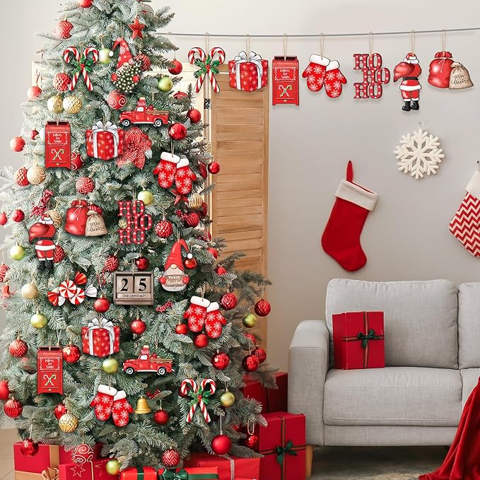 Huwena 36 Pcs Christmas Wooden Ornaments Red Christmas Decorations for Tree Snowman Gnomes Poinsettia Flowers Truck Wreath Wood Cutouts Tags with Ropes Winter Decor for Xmas Tree Gifts