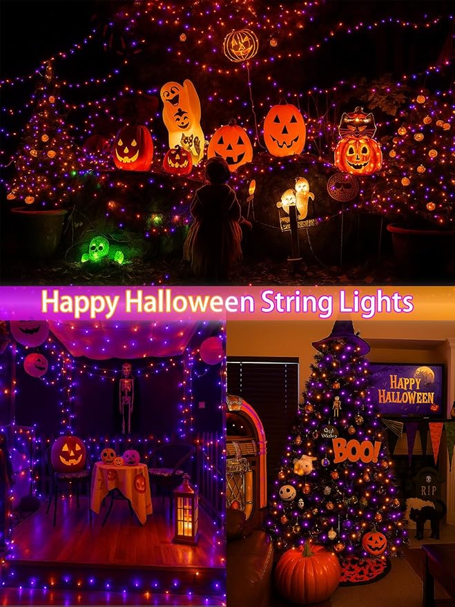 2-Pack 66FT 200 LED Extendable Halloween Lights,13 Modes Orange and Purple Halloween Decorations Outdoor Indoor Tree Lights Waterproof, Plug in String Lights with Timer and Memory for Bedroom Decor
