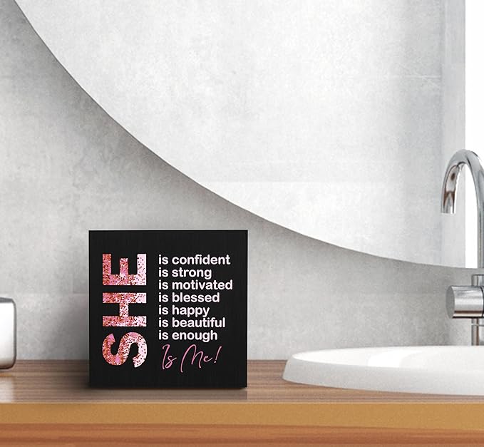 SRADMO Inspirational Woman Affirmation Wood Box Sign, Feminist Gifts, Female Women Empowerment Gifts, Motivational Positive Theme Wooden Block Box Sign Decoration for Home Shelf Table Decor