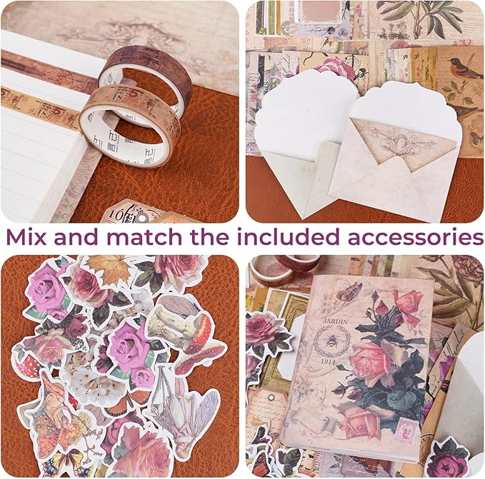 Funto Scrapbooking Kit (202 PCS), Vintage Collection-Rose Angel, Perfect for Bullet Scrapbooking Materials, Planner DIY Arts Craft Collage