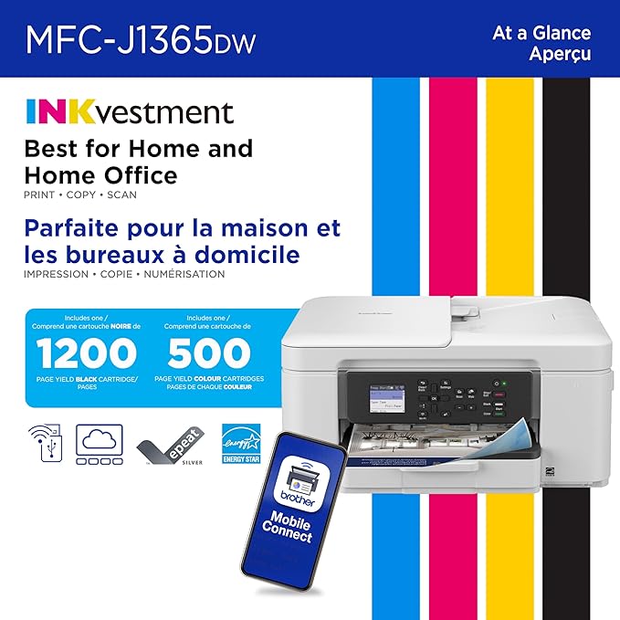 Brother INKvestment 1365 Wireless Color Inkjet All-in-One Printer with Automatic Duplex Printing and 1.8” Color Display | Includes Refresh Subscription Trial(1) (MFC-J1365DW)