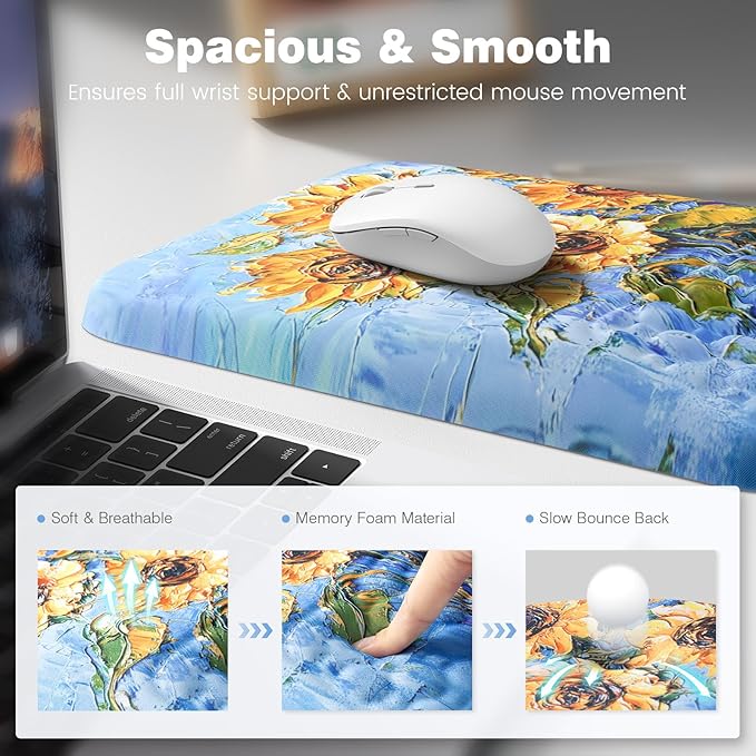 Ospelelf 3 in1 Ergonomic Wrist Rest Pad for Computer Keyboard and Mouse, Large Mouse Pad Set with Support for Office, Sunflower
