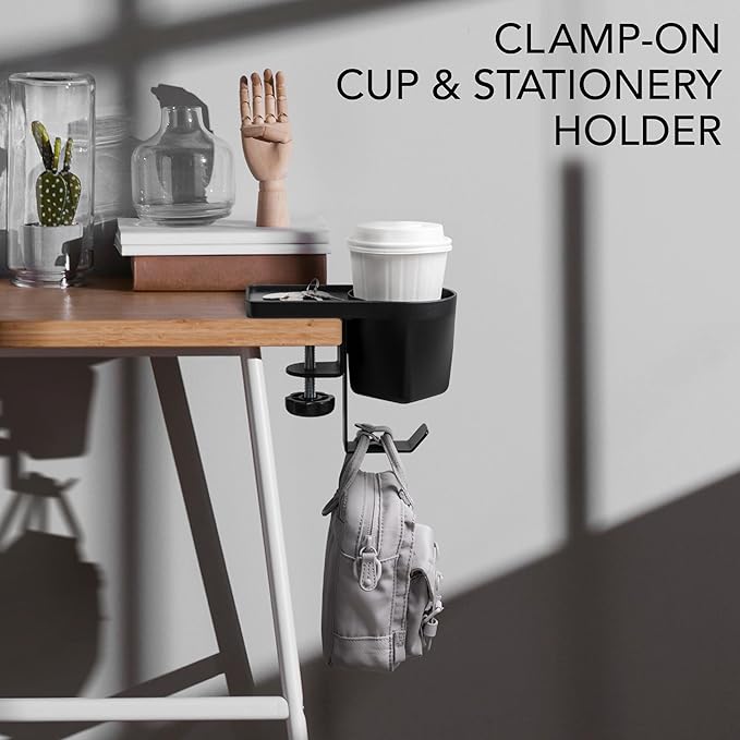 EHO Clamp-On Desk Pen and Cup Holder, 3-in-1 Stationery Organizer with Pencil and Accessory Storage, Reversible Hanging Hook, Space-Saving Desk Clamp Organizer, TAA-Compliant