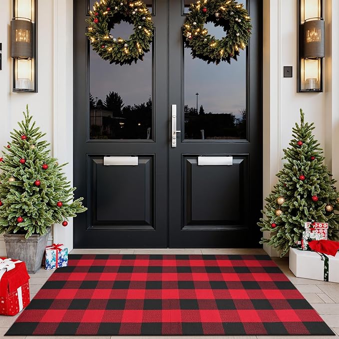 Christmas Door Mat Outdoor 35"x59", Red/Black Buffalo Plaid Front Porch Rug Cotton Hand-Woven Washable Layered Door Mats,Reversible Checkered Floor Rugs for Home Decor Outside