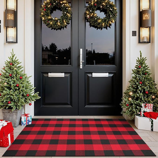 Christmas Door Mat Outdoor 35"x59", Red/Black Buffalo Plaid Front Porch Rug Cotton Hand-Woven Washable Layered Door Mats,Reversible Checkered Floor Rugs for Home Decor Outside