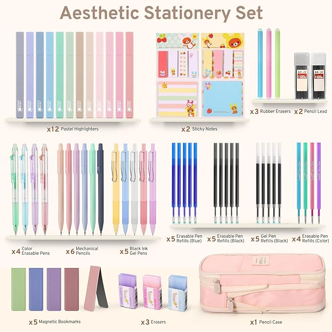 DazSirit 62 PCS Aesthetic School Supplies with Foldable Pencil Case, 12 Pastel Highlighters, 4 Erasable Pens, 5 Gel Pens, 6 Mechanical Pencils, Sticky Notes, Complete Stationery Kit for Teens, Pink