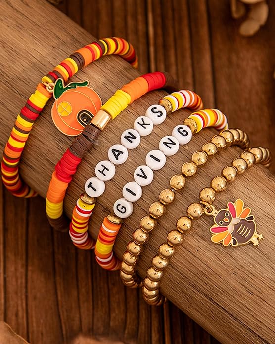 Thanksgiving Bracelets Set for Women Fall Pumpkin Turkey Maple Leaf Charm Bracelets Thanksgiving Polyester Clay Heishi Beads Stretch Brace-lets Thanks-giving Fall Jewelry Accessories Gifts for Her