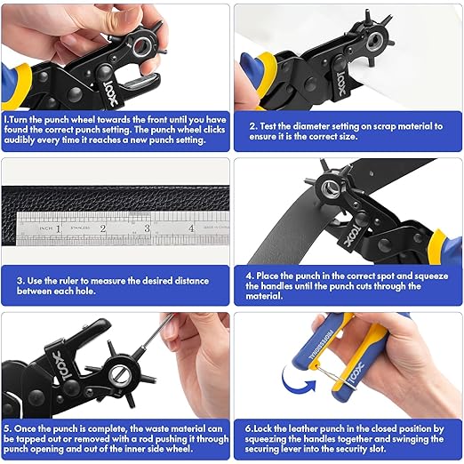 Revolving Punch Plier Kit, XOOL Professional Leather Hole Punch Set,Leather Hole Punch Set for Belts, Watch Bands, Straps, Dog Collars, Saddles, DIY Home or Craft Projects, Heavy Duty Rotary Puncher