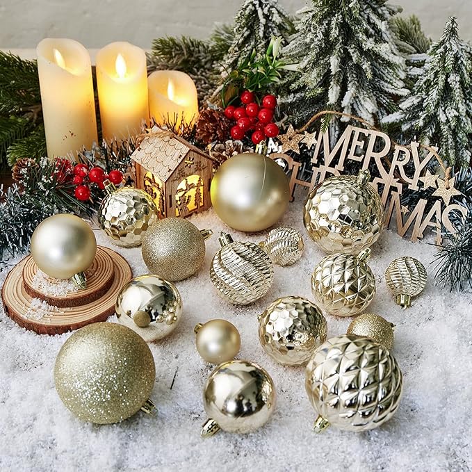 Christmas Balls Ornaments -36pcs Shatterproof Christmas Tree Decorations with Hanging Loop for Xmas Tree Wedding Holiday Party Home Decor,6 Styles in 3 Sizes(Champagne Gold)