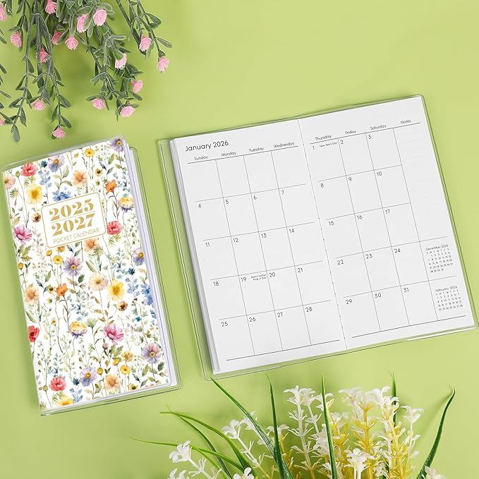 Pocket Calendar 2026-2027, Floral 2026-2027 Monthly Planner - 3.7" x 6.7" - Runs from July 2025 Until December 2027, 2026 Pocket Calendar with PVC Cover for Student, Women, Office Supplies