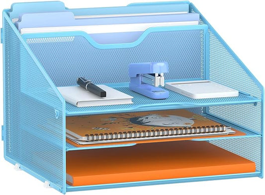 Letter Tray Organizer, Mesh Desk File Organizer with 3 Paper Trays and 2 Vertical Upright Section (Blue)