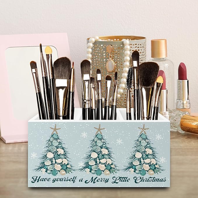 Coastal Beach Christmas Pen Pencil Holder Organizer for Desk, Christmas Seashell Starfish Tree Holiday Wooden Box Signs Decorations for Home Office Desk Tabletop, Beach House Decor