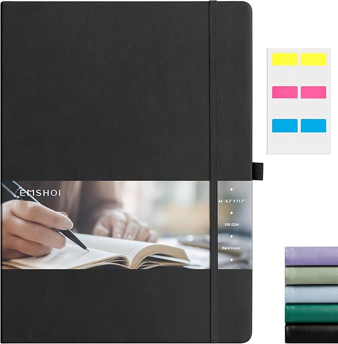 EMSHOI Notebook College Ruled - A4 Hardcover Leather Lined Journal, 192 Pages 100GSM Thick Paper, Large Diary for Women Men Work, School, Journaling, Writing - 8.3" x 11.7" - Black