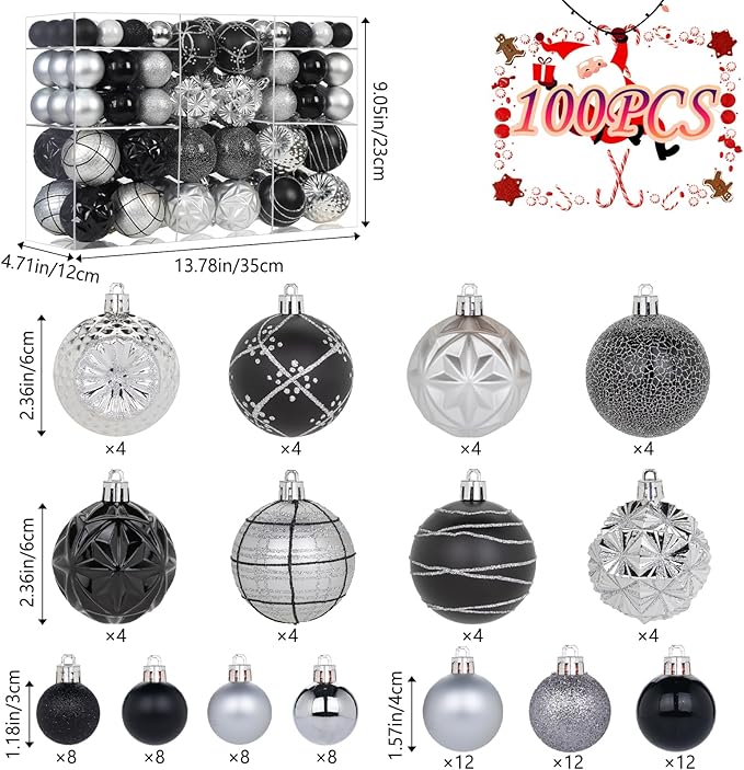 100ct Black and Silver Christmas Ornaments Set, Shatterproof Christmas Decorations for Tree Plastic Xmas Ball Ornaments with Assortment of Designs and Size for Holiday Party Decor (Black & Silver)