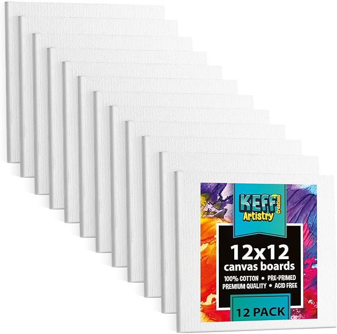 KEFF Canvas Boards for Painting - 12x12 12-Pack Bulk Canvas Panels, 100% Cotton Triple Primed Large Canvases for Art Painting Supplies, Acrylic, Oil, Watercolor & Tempera