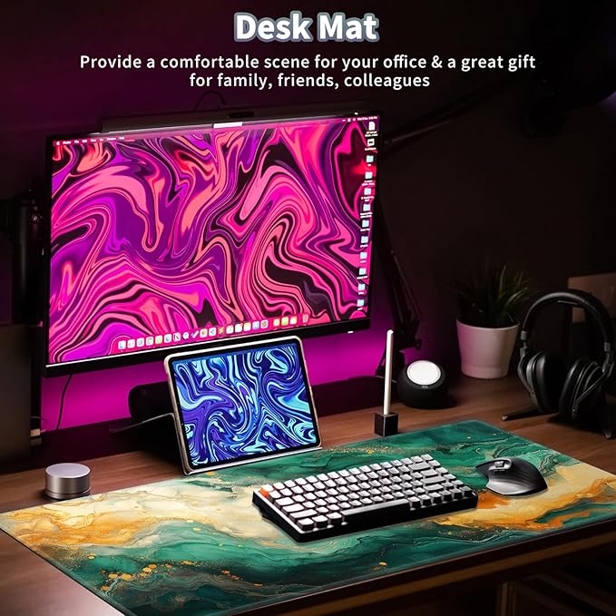 Gaming Mouse Pad, EDGFRTOIO Keyboard Mouse Pad 31.5x15.7 inch XXL Large Computer Laptop Cool Desk Mat with Non-Slip Rubber Base and Stitched Edge for Home Office Work, Green Orange Marble