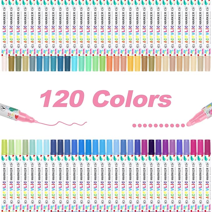 120 Colors Acrylic Paint Pens, Dual Tip Acrylic Paint Markers for Paper, Wood, Canvas, Stone, Rock Painting, Glass, Fabric, DIY, Ceramic, Art Supplies for Kids and Adults Drawing (Dot + Fine)