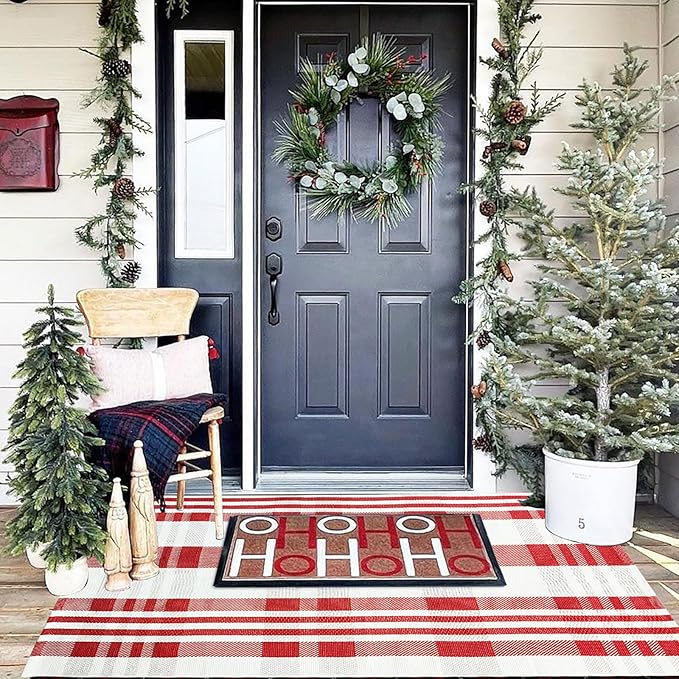 Christmas Door Mat Outdoor 3' x 5' Red and White Plaid Rug Christmas Decor Rug Cotton Hand-Woven Layered Door Mats Washable Carpet for Front Porch, Kitchen, Farmhouse, Entryway (3' x 5')