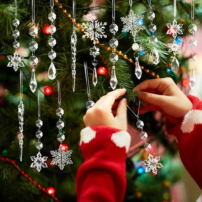 Christmas Tree Decoration Crystal Ornaments - 48pcs Acrylic Christmas Ornaments Snowflake Icicle Drop Crystal Hanging Ornaments for Xmas Tree Winter Holiday Frozen Party Decorations