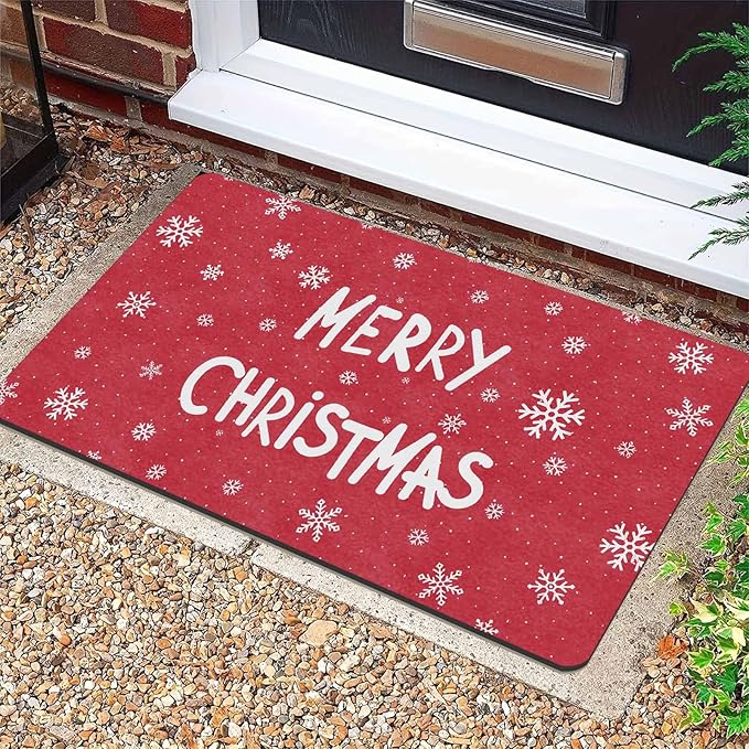 Christmas Door Mat for Indoor Outdoor Merry Christmas Snowflakes Welcome Mat Home Decor Non-Slip Rug Perfect for Front Door and Entryway Easy Clean, 16" x 24" Inch